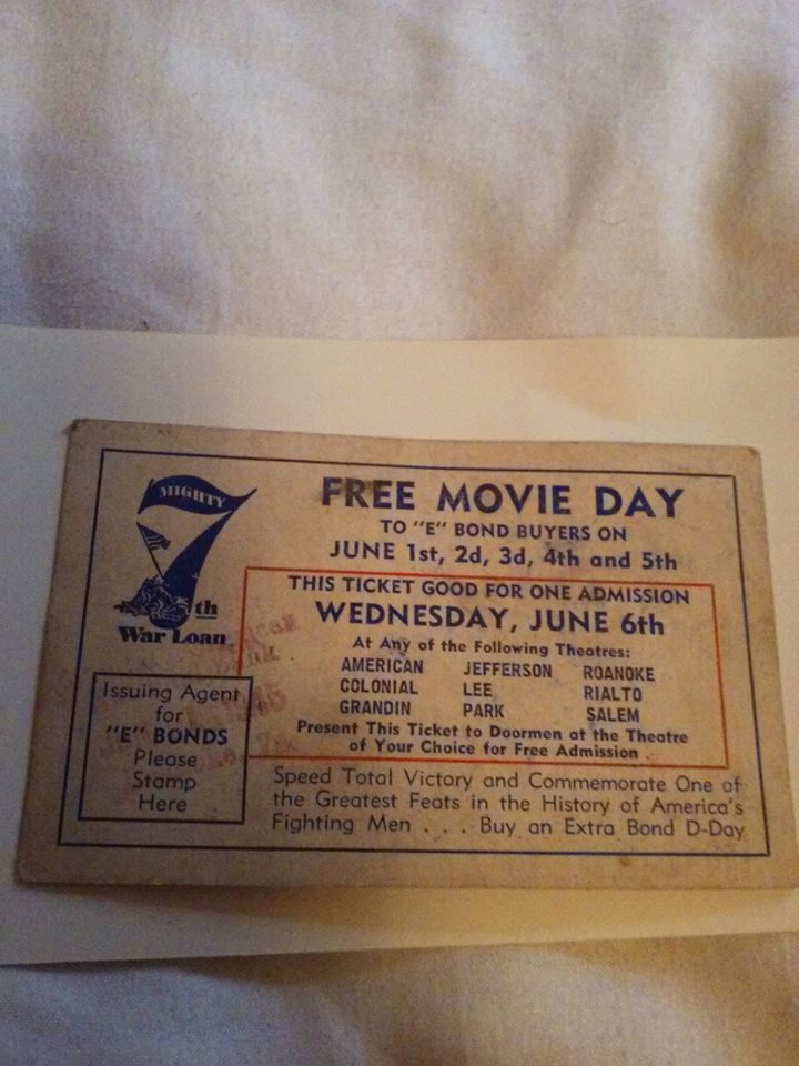 WWII War Loan Bonds Movie Day Pass Roanoke VA