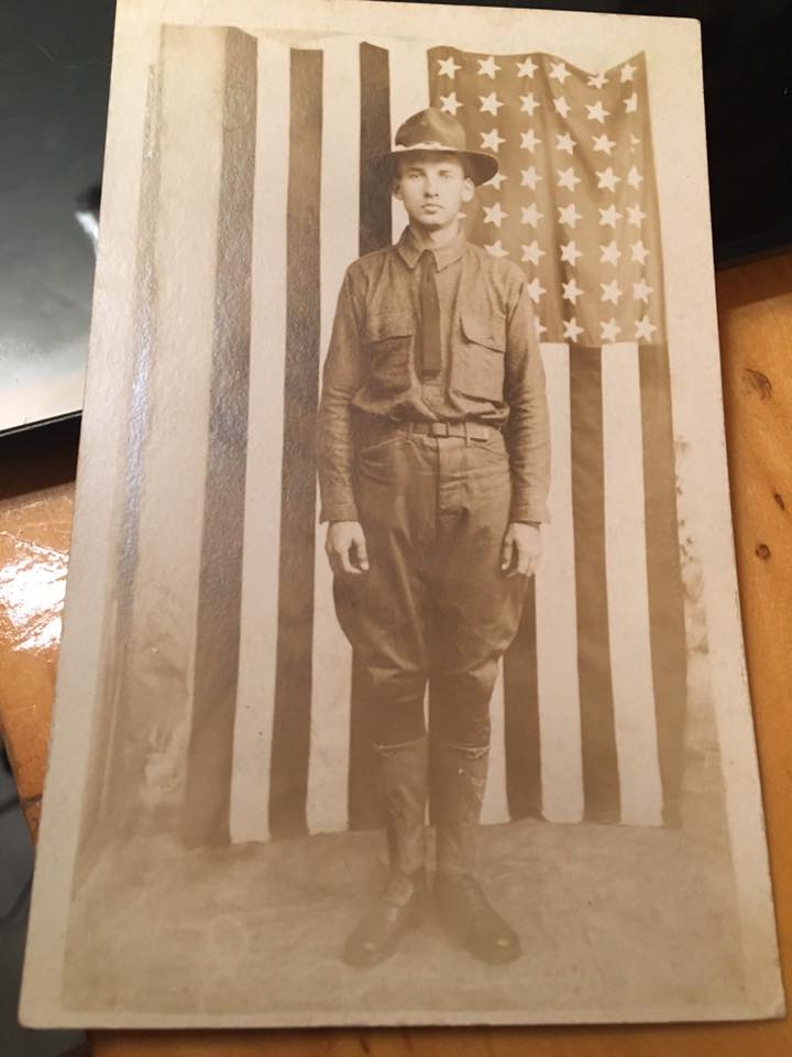 WW1 RPPC Postcard Soldier In Front Of 48 Star Flag